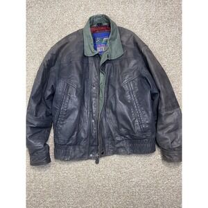 Vtg New Zealand Outback Cooper Collections Black Green L Bomber Leather Jacket